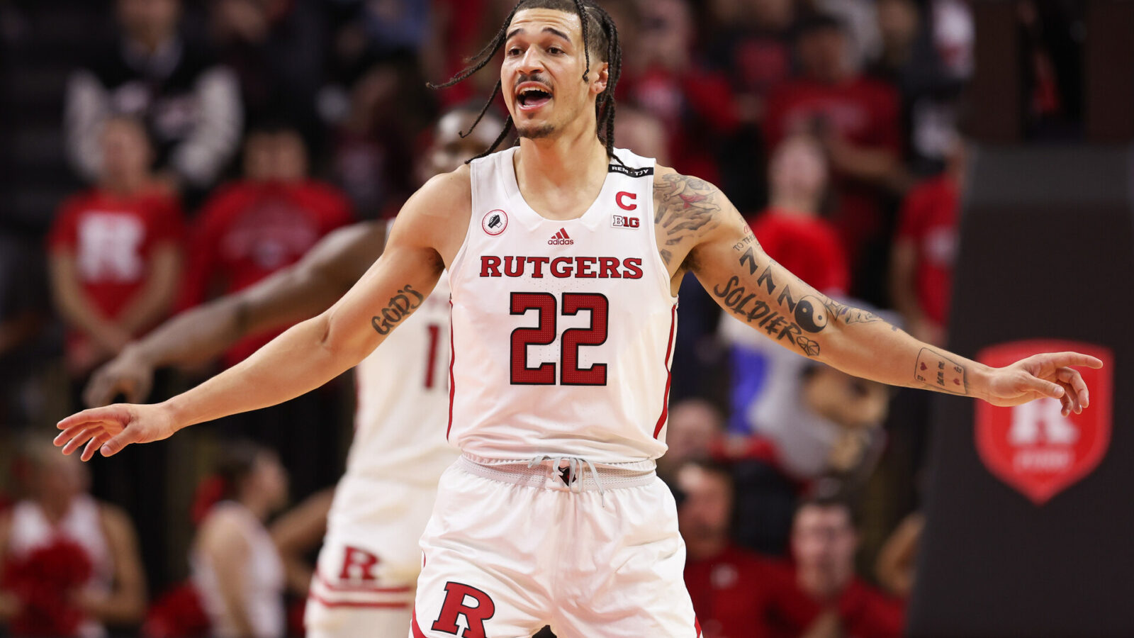 Rutgers Scarlet Knights guard Caleb McConnell (22) sets back on defense during the second half against the Central Connecticut State Blue Devils at Jersey Mike's Arena.