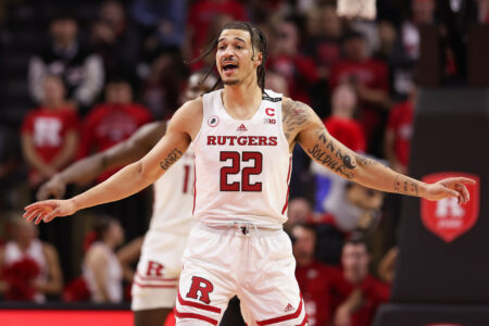 Rutgers Scarlet Knights guard Caleb McConnell (22) sets back on defense during the second half against the Central Connecticut State Blue Devils at Jersey Mike's Arena.