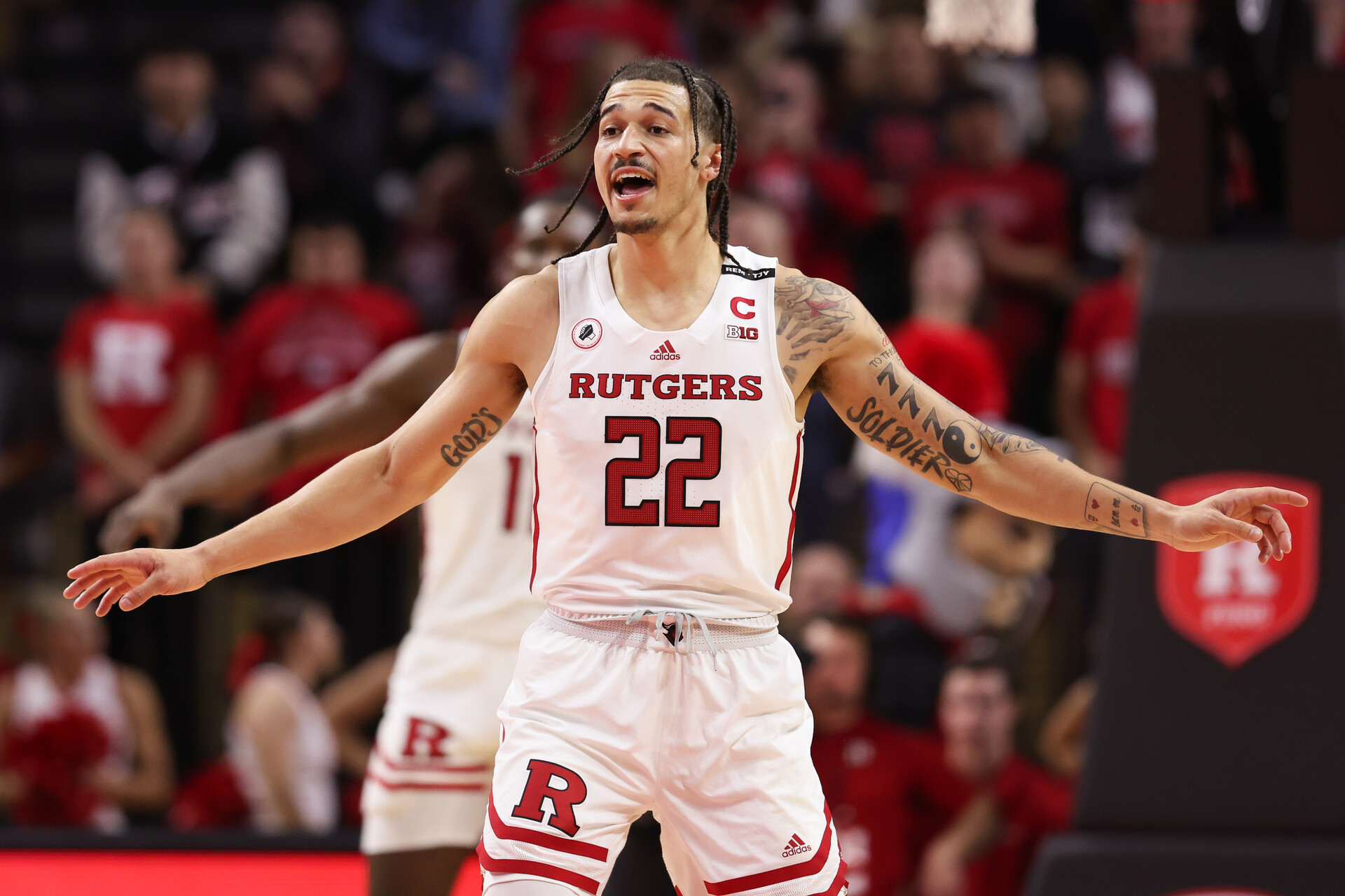 Rutgers Scarlet Knights guard Caleb McConnell (22) sets back on defense during the second half against the Central Connecticut State Blue Devils at Jersey Mike's Arena.