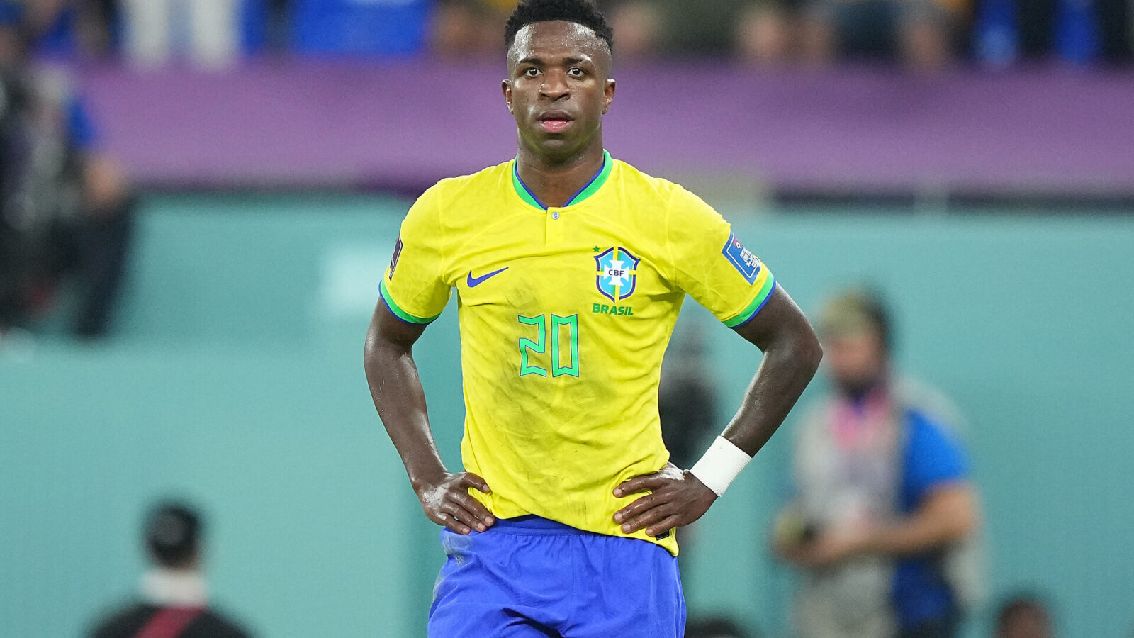Brazil forward Vinicius Junior (20) reacts against Switzerland in the second half of a group stage match during the 2022 World Cup at Stadium 974.