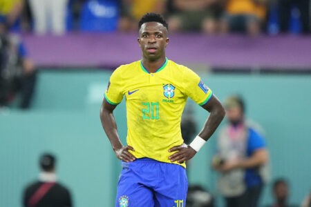 Brazil forward Vinicius Junior (20) reacts against Switzerland in the second half of a group stage match during the 2022 World Cup at Stadium 974.