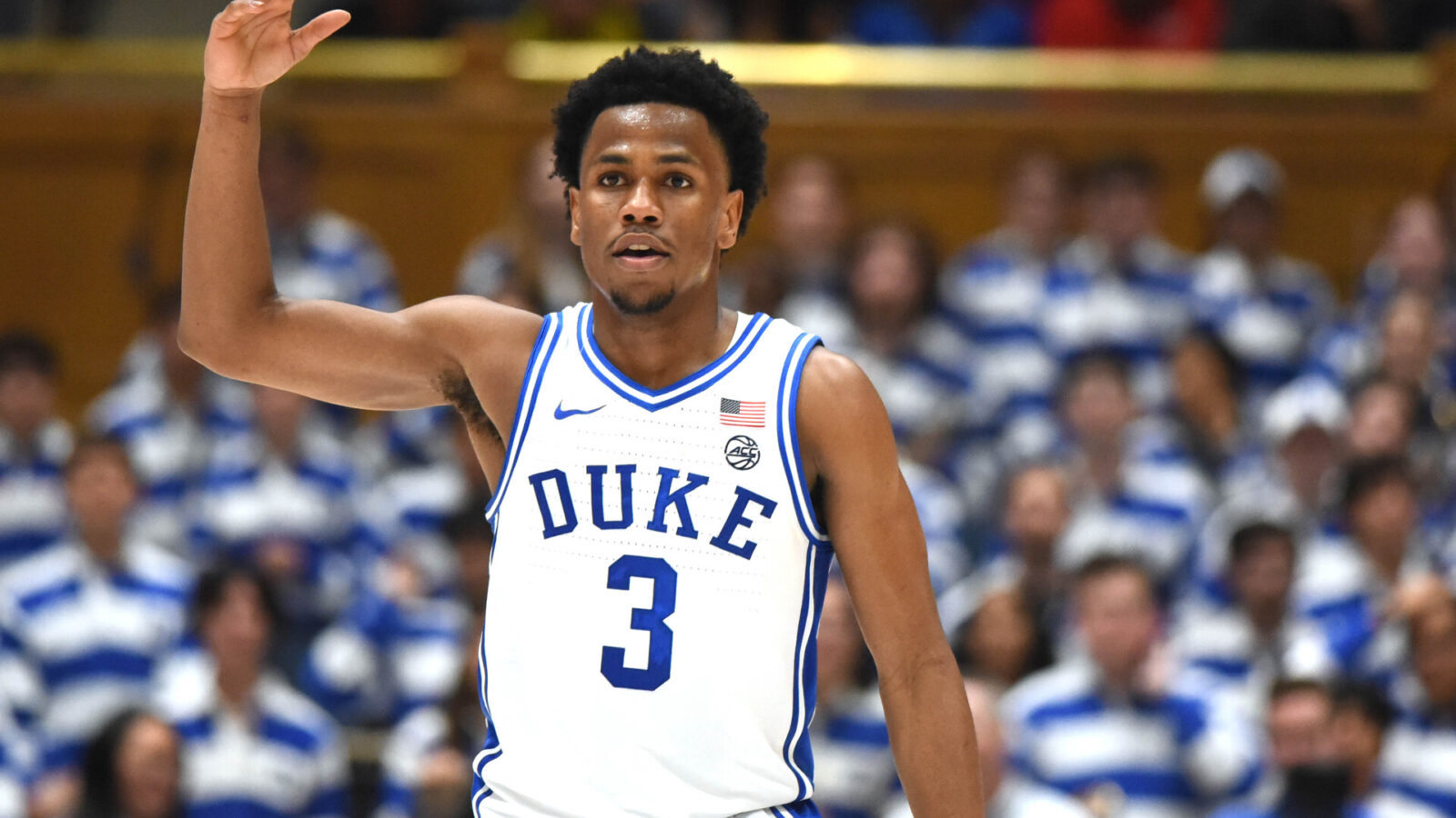 Nov 30, 2022; Durham, North Carolina, USA; Duke Blue Devils guard Jeremy Roach (3) encourages the fans during the second half against the Ohio State Buckeyes at Cameron Indoor Stadium. The Blue Devils won 81-72.