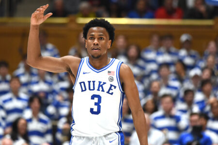 Nov 30, 2022; Durham, North Carolina, USA; Duke Blue Devils guard Jeremy Roach (3) encourages the fans during the second half against the Ohio State Buckeyes at Cameron Indoor Stadium. The Blue Devils won 81-72.