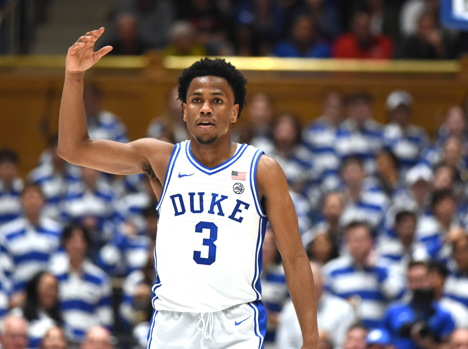 Nov 30, 2022; Durham, North Carolina, USA; Duke Blue Devils guard Jeremy Roach (3) encourages the fans during the second half against the Ohio State Buckeyes at Cameron Indoor Stadium. The Blue Devils won 81-72.