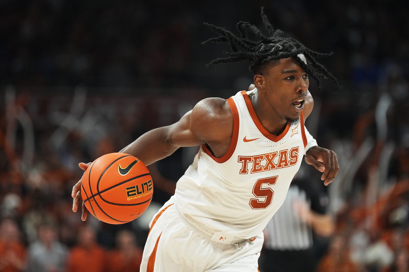 Texas Longhorns guard Marcus Carr (5) dribbles the ball during the Texas Longhorns game against Creighton at The Moody Center on Thursday, Dec. 1, 2022.