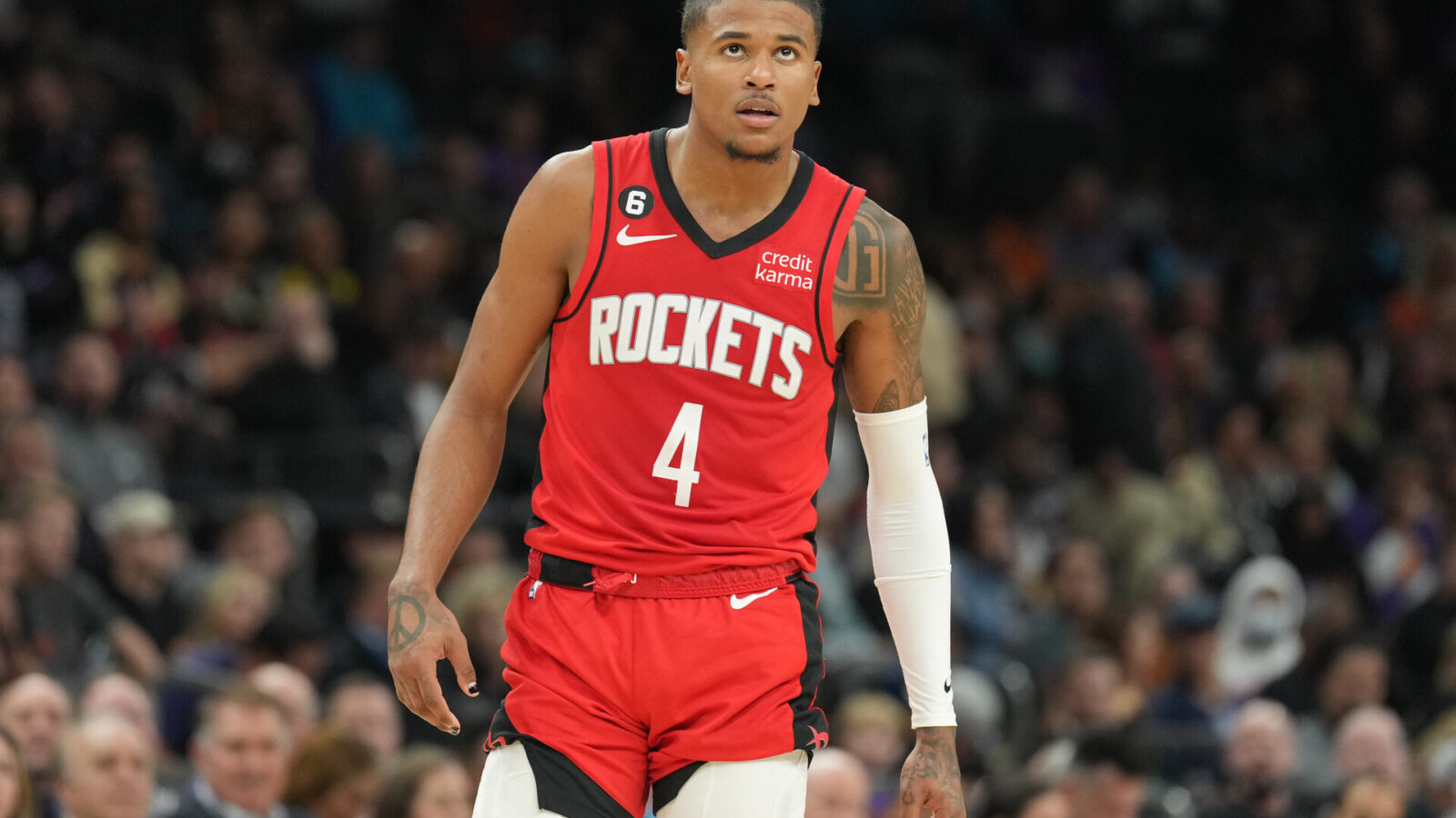 Houston Rockets guard Jalen Green (4) looks on against the Phoenix Suns during the second half at Footprint Center.