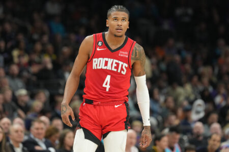 Houston Rockets guard Jalen Green (4) looks on against the Phoenix Suns during the second half at Footprint Center.