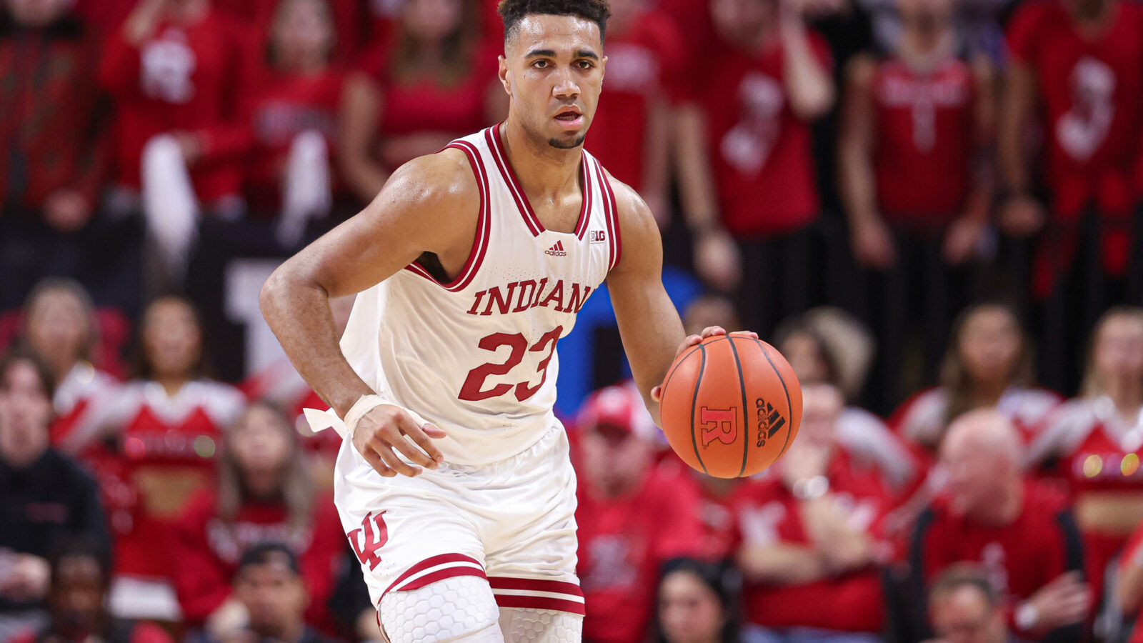 Indiana Hoosiers forward Trayce Jackson-Davis (23) dribbles up court during the first half against the Rutgers Scarlet Knights at Jersey Mike's Arena.