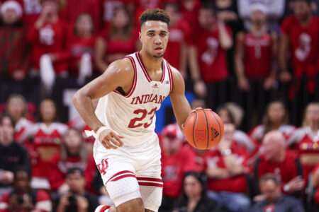 Indiana Hoosiers forward Trayce Jackson-Davis (23) dribbles up court during the first half against the Rutgers Scarlet Knights at Jersey Mike's Arena.