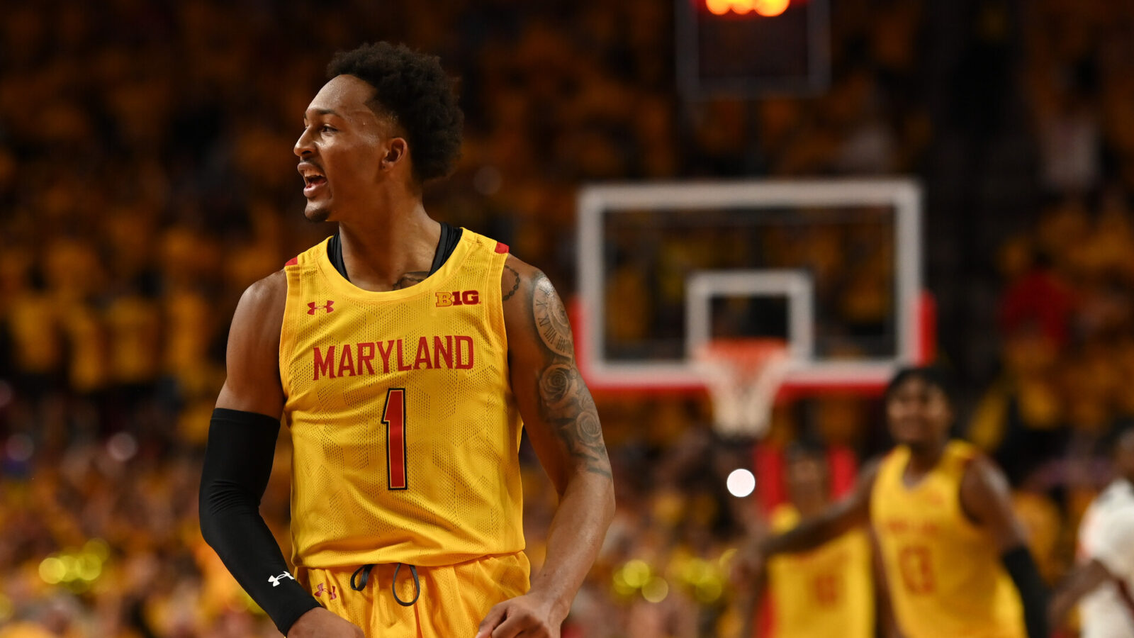 Maryland Terrapins guard Jahmir Young (1) reacts after making a basket during the game against the Illinois Fighting Illini at Xfinity Center.