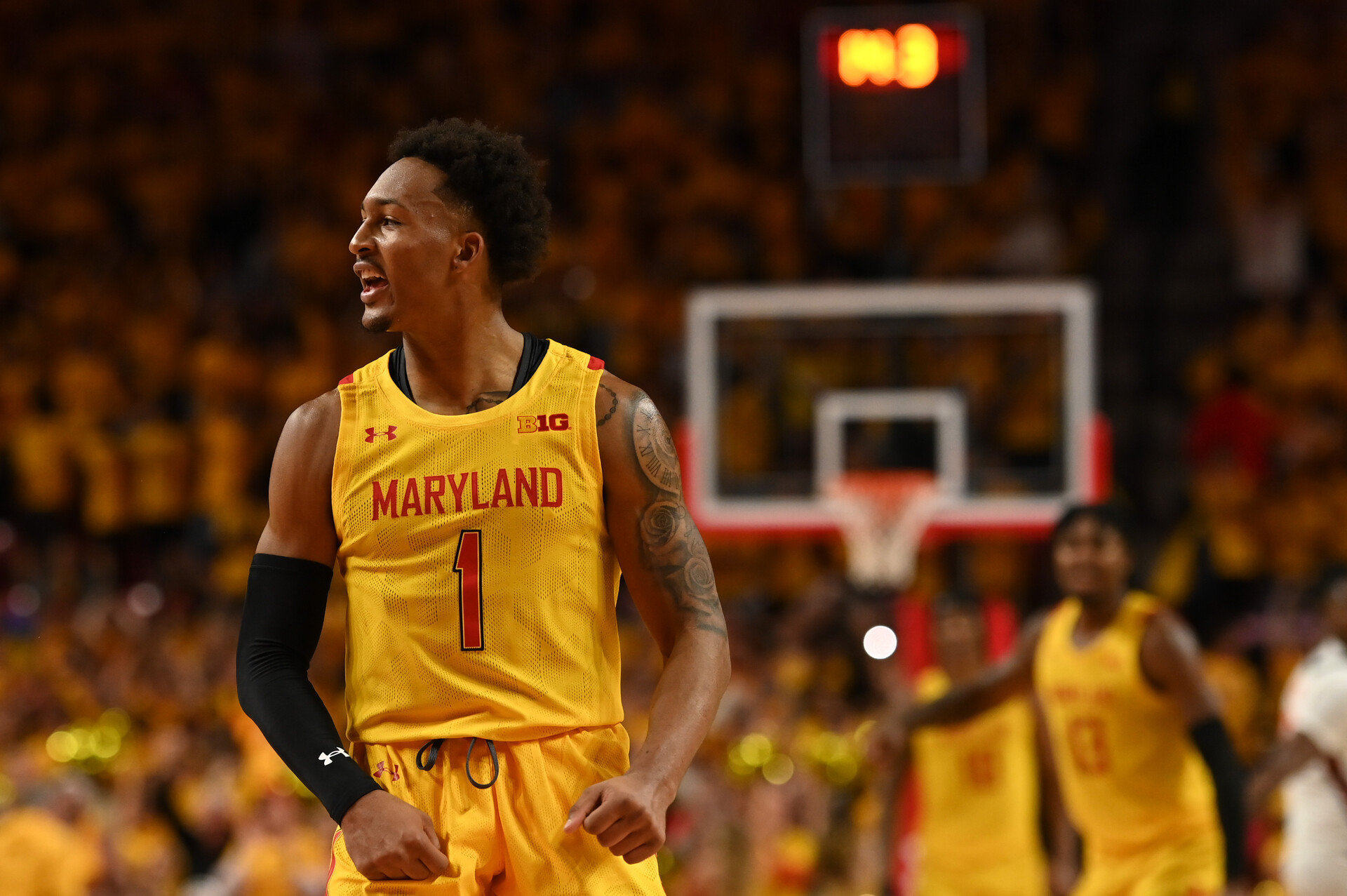 Maryland Terrapins guard Jahmir Young (1) reacts after making a basket during the game against the Illinois Fighting Illini at Xfinity Center.