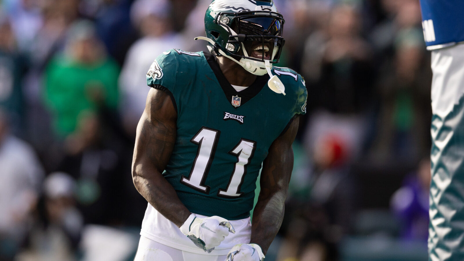 Philadelphia Eagles wide receiver A.J. Brown (11) reacts after his touchdown catch against the Tennessee Titans during the second quarter at Lincoln Financial Field.