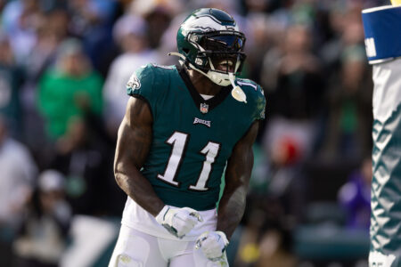 Philadelphia Eagles wide receiver A.J. Brown (11) reacts after his touchdown catch against the Tennessee Titans during the second quarter at Lincoln Financial Field.