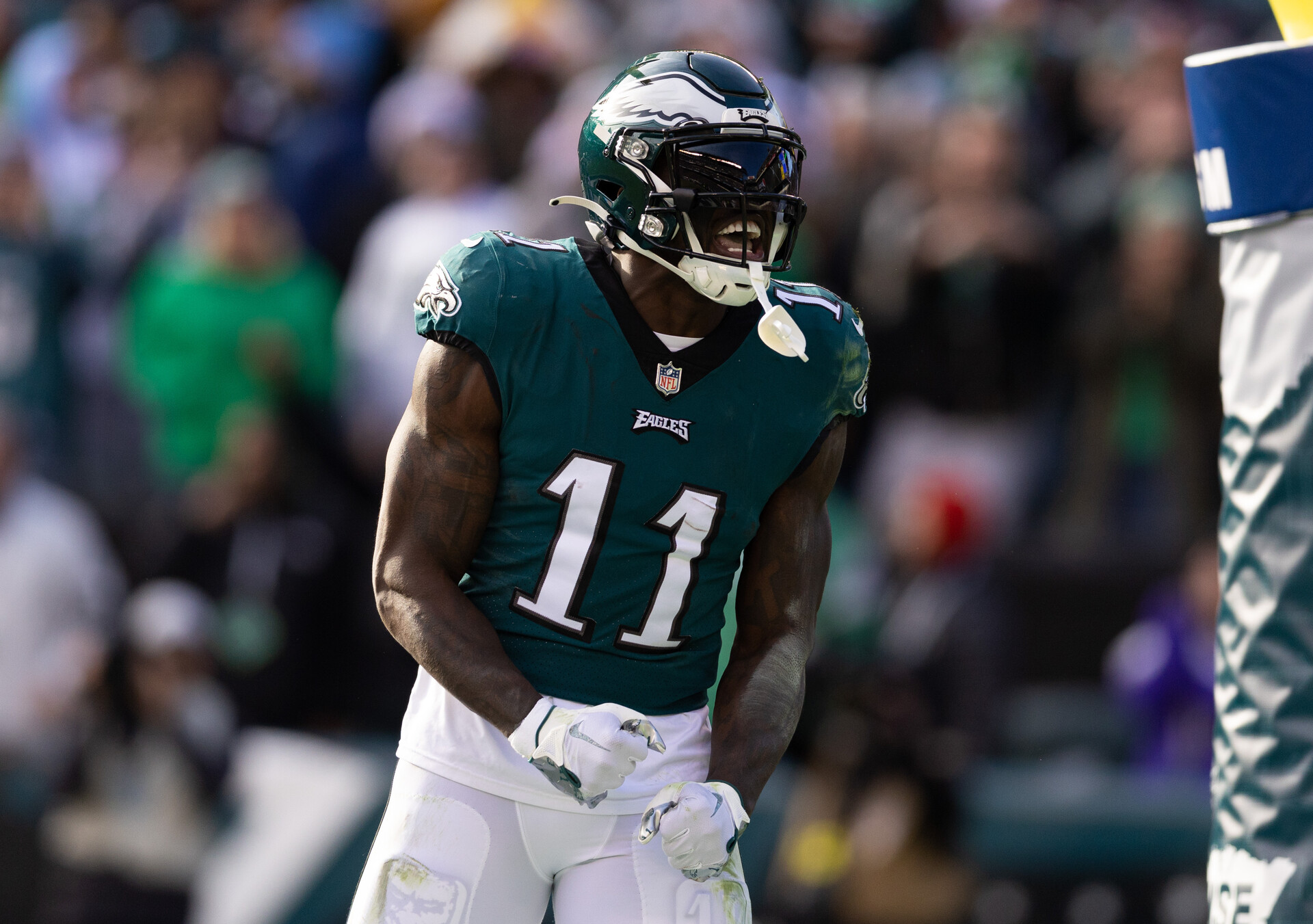Philadelphia Eagles wide receiver A.J. Brown (11) reacts after his touchdown catch against the Tennessee Titans during the second quarter at Lincoln Financial Field.