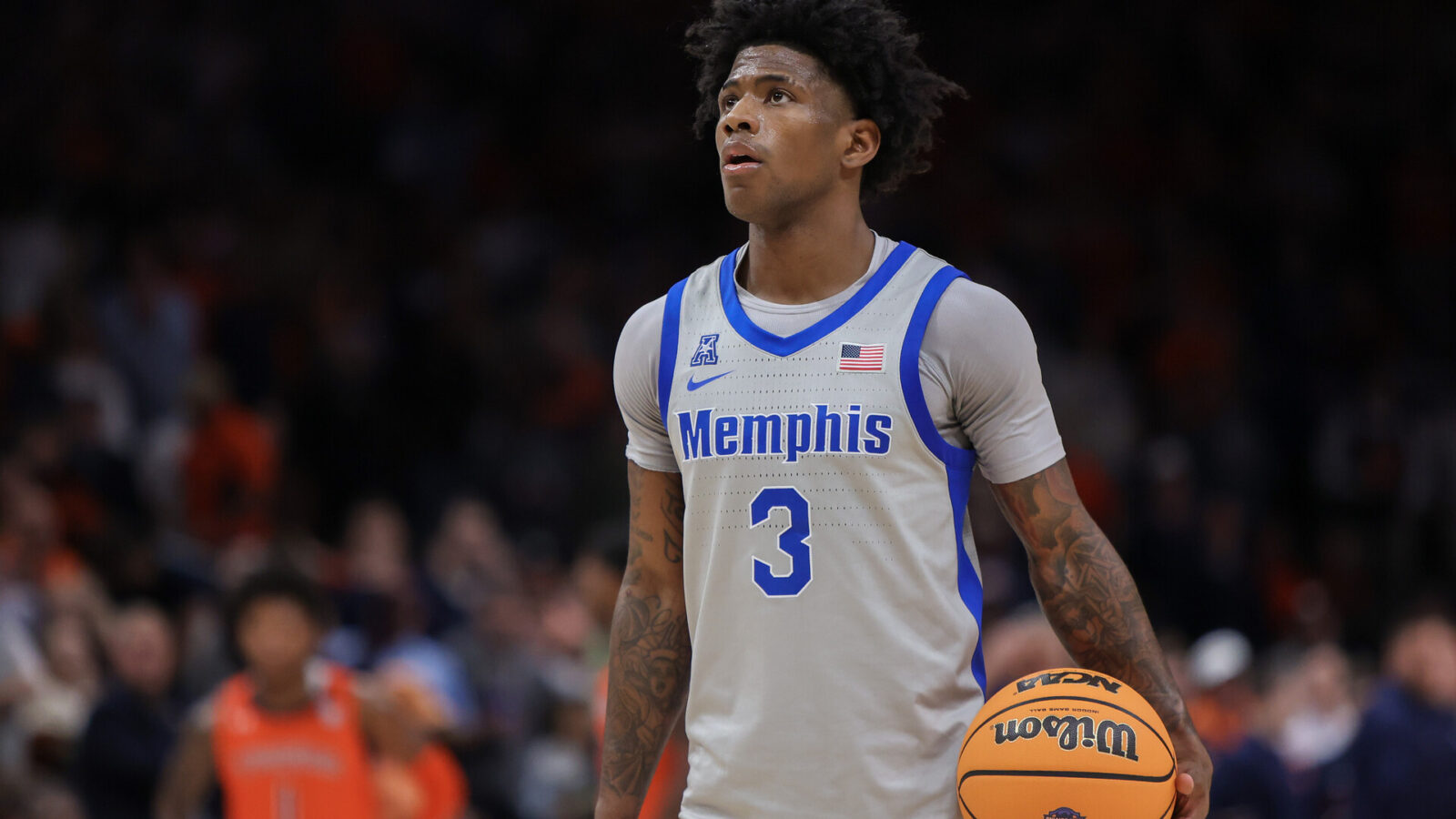 Memphis Tigers guard Kendric Davis (3) holds the ball against the Auburn Tigers in the second half at State Farm Arena.