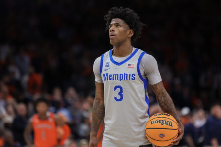 Memphis Tigers guard Kendric Davis (3) holds the ball against the Auburn Tigers in the second half at State Farm Arena.
