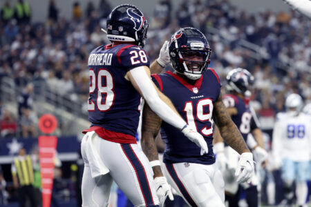 Dec 11, 2022; Arlington, Texas, USA; Houston Texans wide receiver Amari Rodgers (19) celebrates with Houston Texans running back Rex Burkhead (28) after catching a touchdown pass during the first half against the Dallas Cowboys at AT&T Stadium.