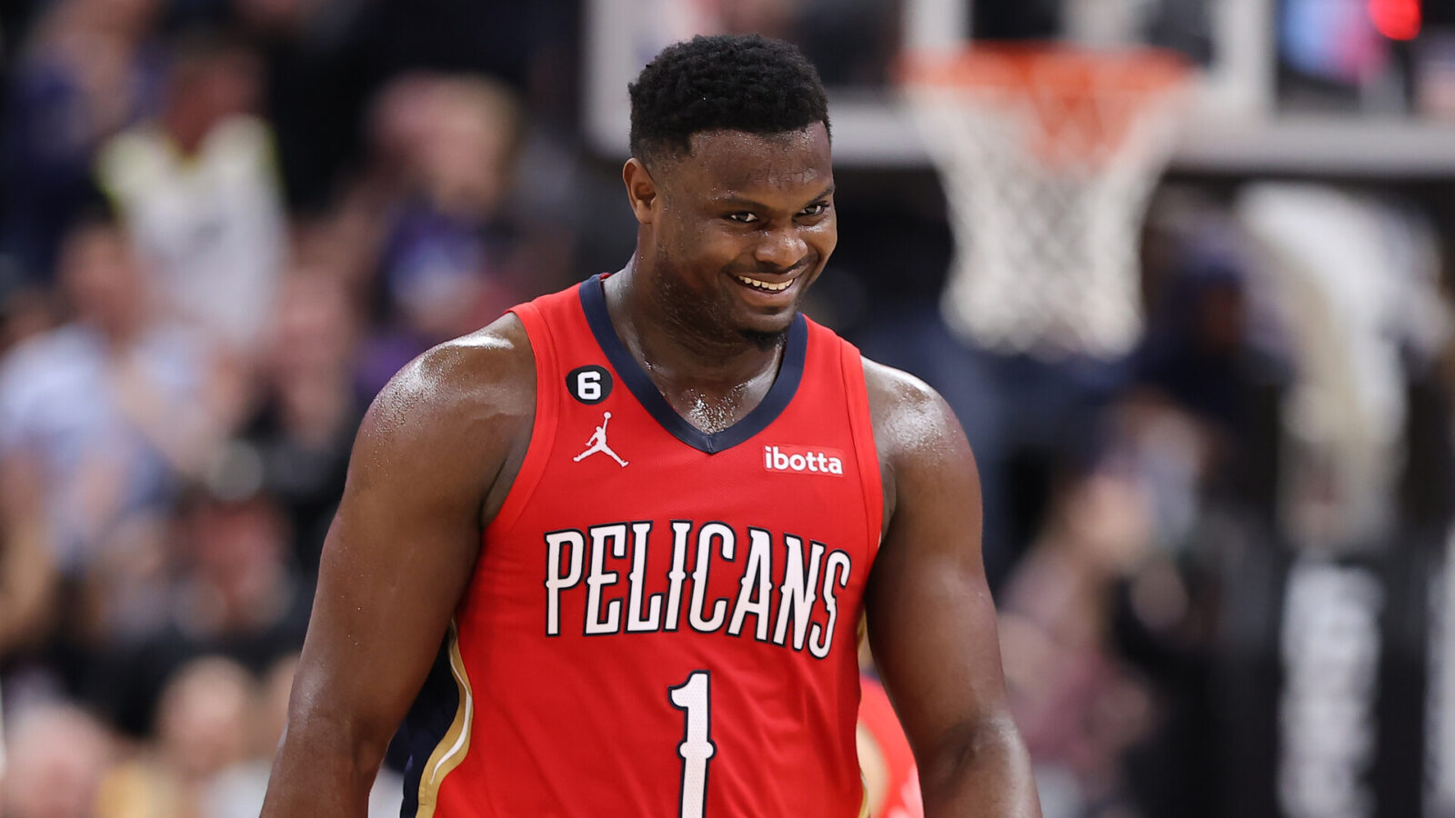 New Orleans Pelicans forward Zion Williamson (1) reacts to a play by the Utah Jazz in the second half at Vivint Arena.