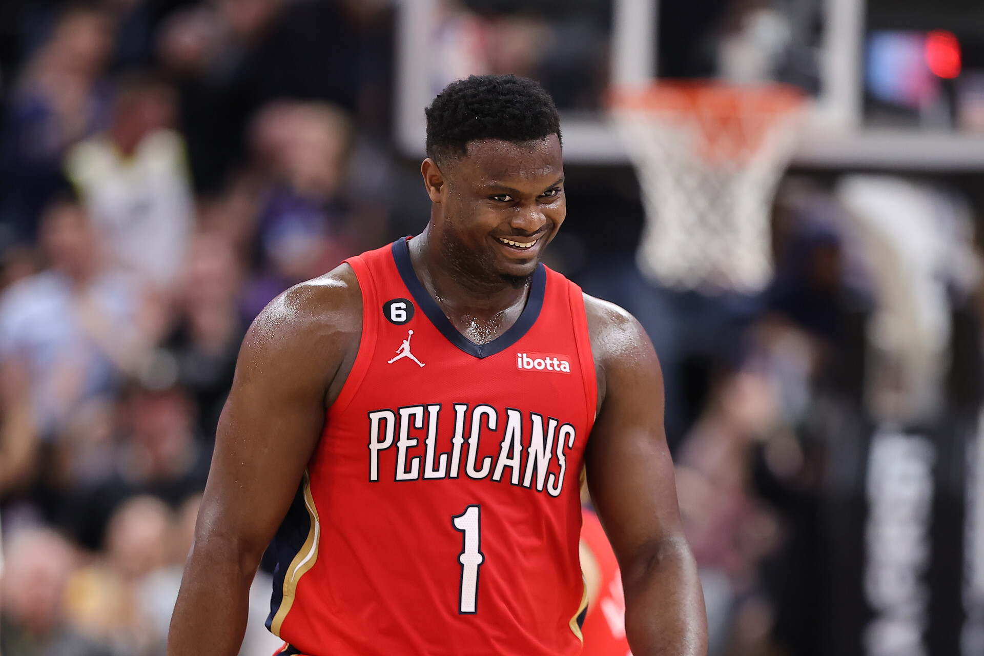 New Orleans Pelicans forward Zion Williamson (1) reacts to a play by the Utah Jazz in the second half at Vivint Arena.