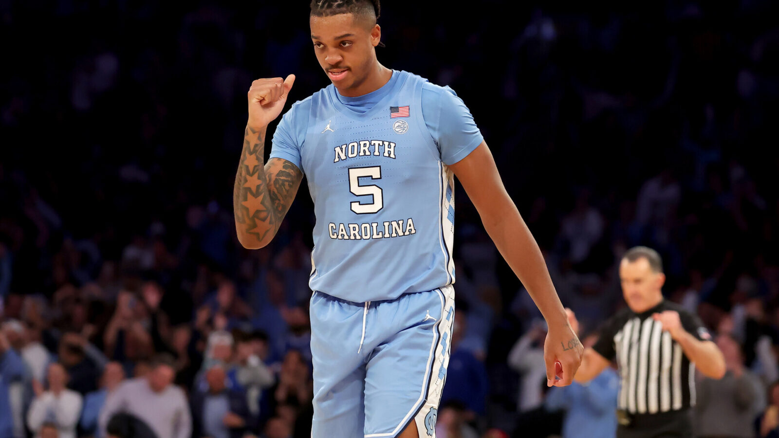North Carolina Tar Heels forward Armando Bacot (5) reacts after defeating the Ohio State Buckeyes in overtime at Madison Square Garden.