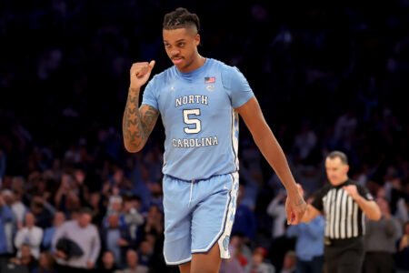 North Carolina Tar Heels forward Armando Bacot (5) reacts after defeating the Ohio State Buckeyes in overtime at Madison Square Garden.