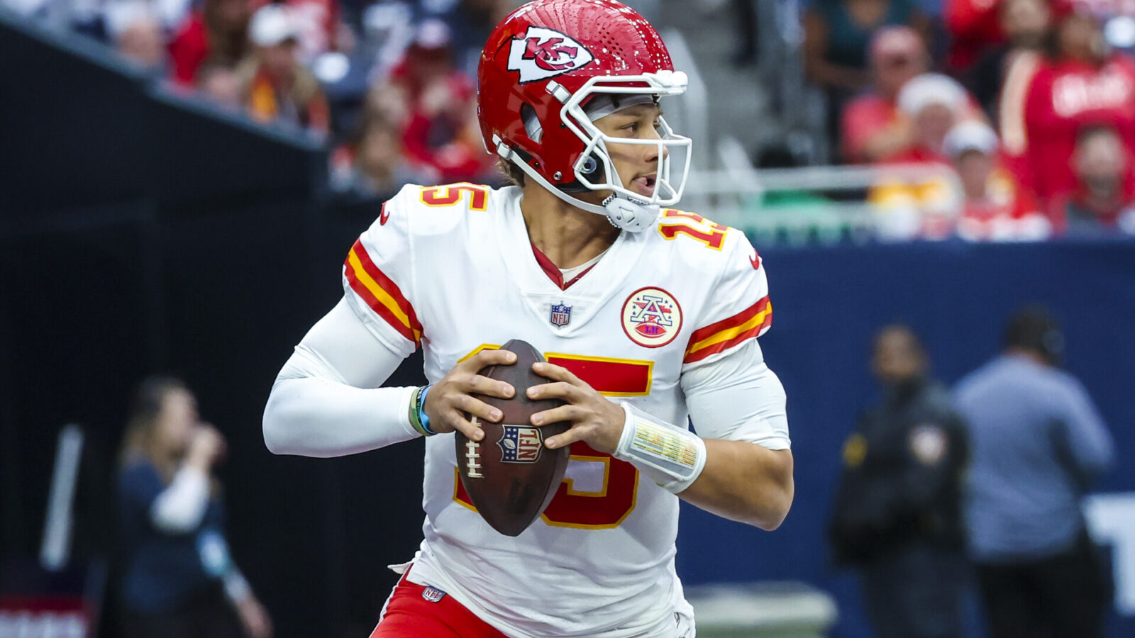 Kansas City Chiefs quarterback Patrick Mahomes (15) throws during the first half against the Houston Texans at NRG Stadium.