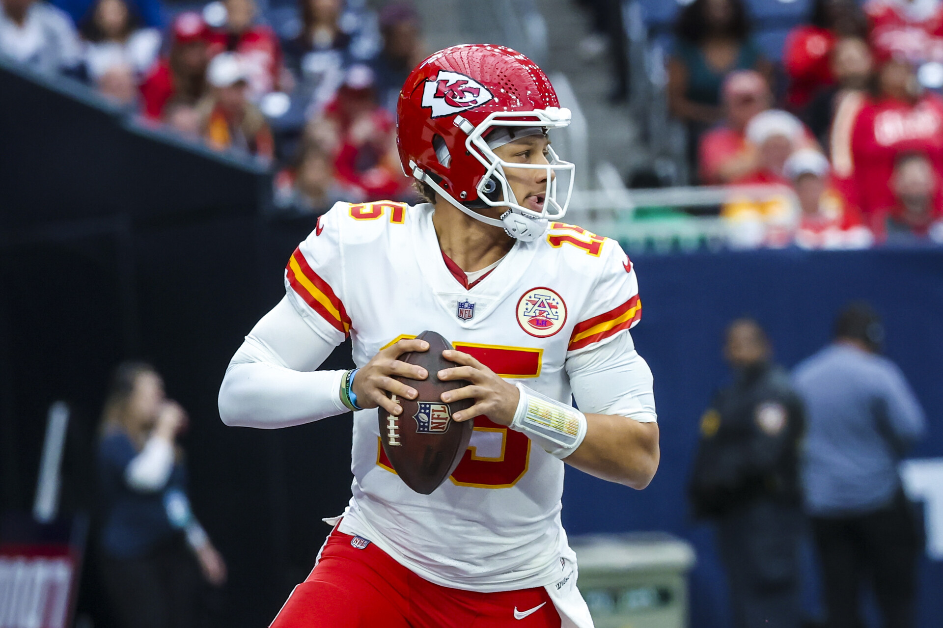 Kansas City Chiefs quarterback Patrick Mahomes (15) throws during the first half against the Houston Texans at NRG Stadium.