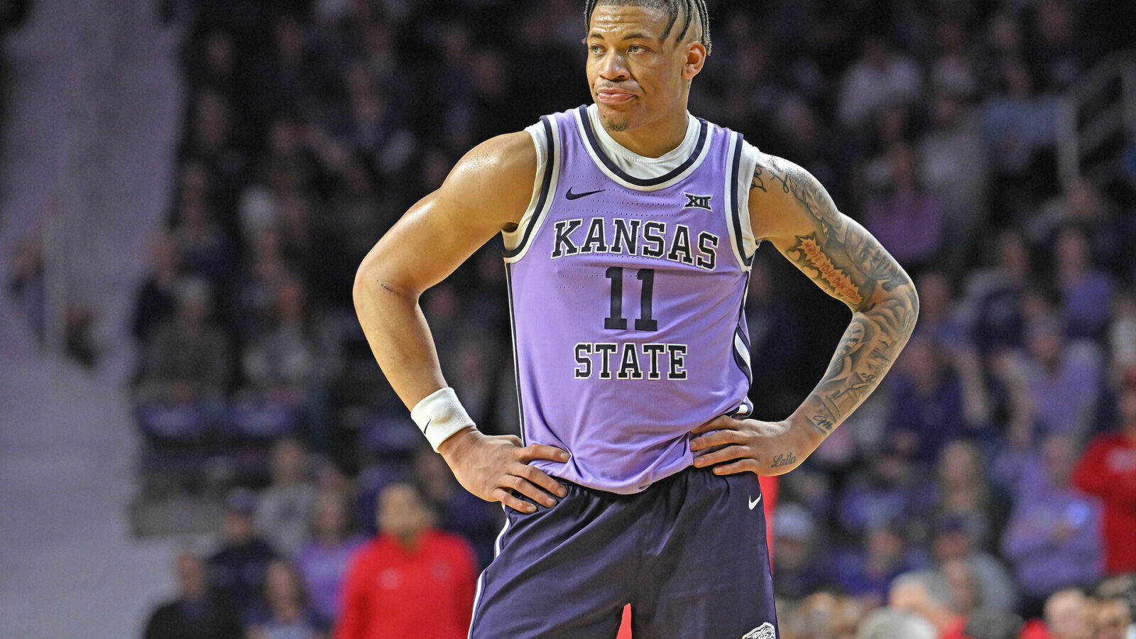 Keyontae Johnson #11 of the Kansas State Wildcats looks on in the second half against the Texas Tech Red Raiders at Bramlage Coliseum on January 21, 2023 in Manhattan, Kansas.