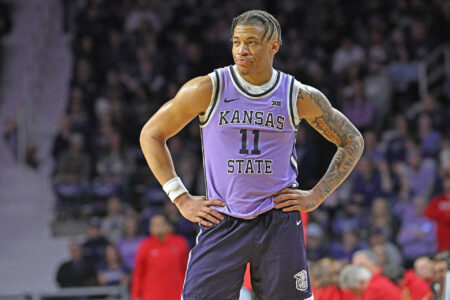 Keyontae Johnson #11 of the Kansas State Wildcats looks on in the second half against the Texas Tech Red Raiders at Bramlage Coliseum on January 21, 2023 in Manhattan, Kansas.