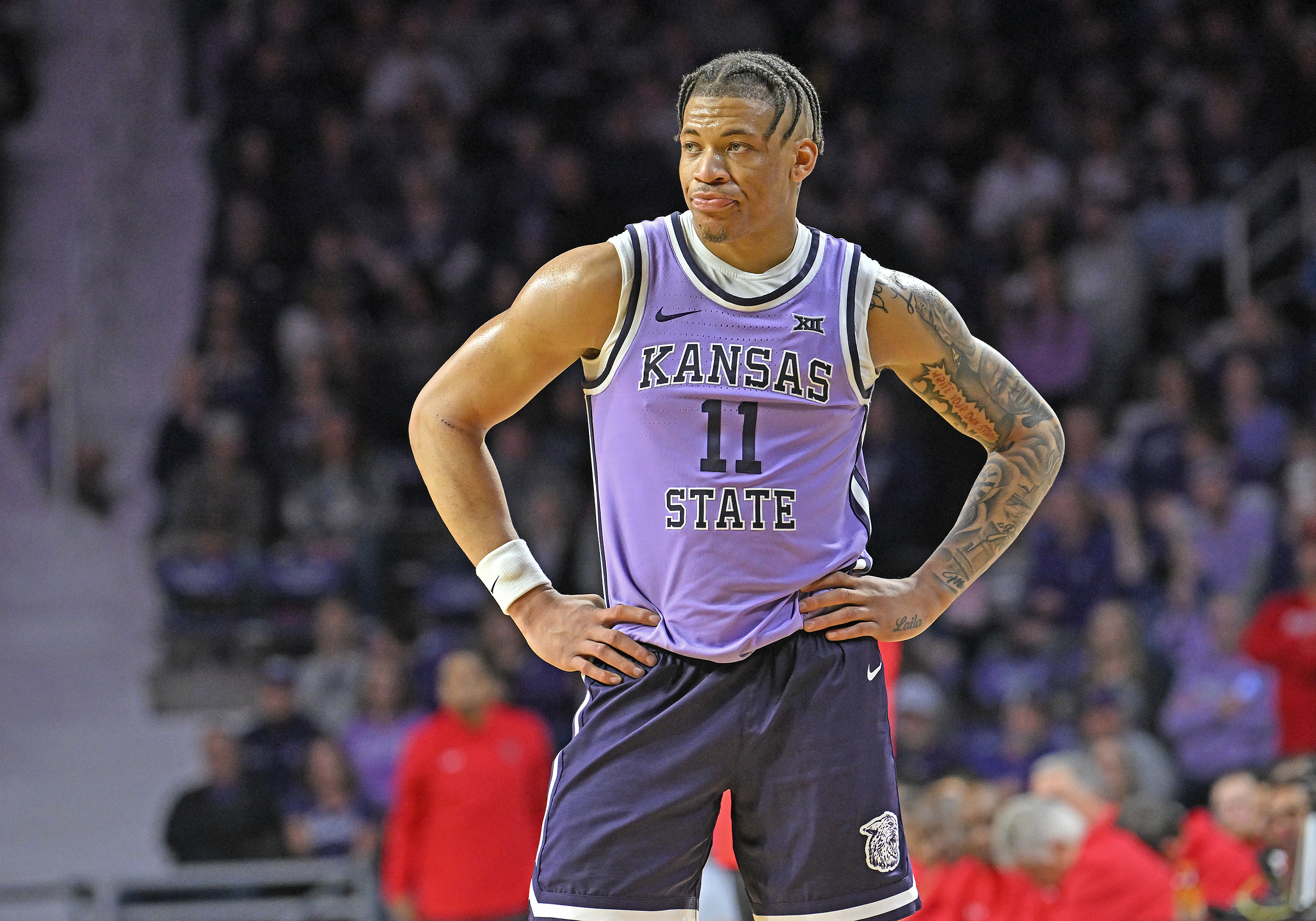 Keyontae Johnson #11 of the Kansas State Wildcats looks on in the second half against the Texas Tech Red Raiders at Bramlage Coliseum on January 21, 2023 in Manhattan, Kansas.