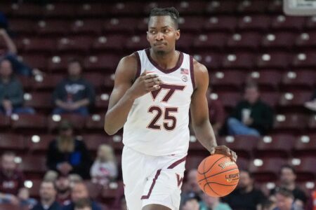 Virginia Tech Hokies forward Justyn Mutts (25) brings the ball up court in the first half against the Penn State Nittany Lions at TD Arena.