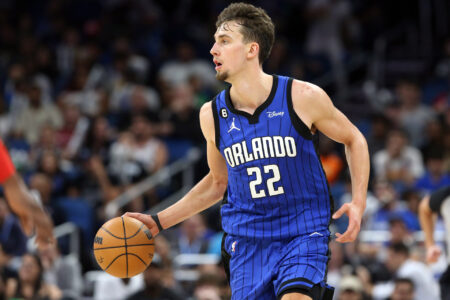 Magic forward Franz Wagner (22) drives to the basket against the Philadelphia 76ers during the second half at Amway Center.