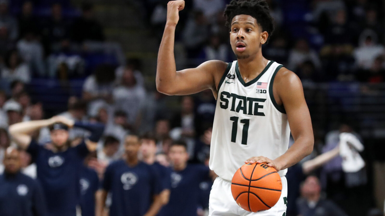 Michigan State Spartans guard AJ Hoggard (11) gestures from mid court during the second half against the Penn State Nittany Lions at Bryce Jordan Center. Michigan State defeated Penn State 67-58.
