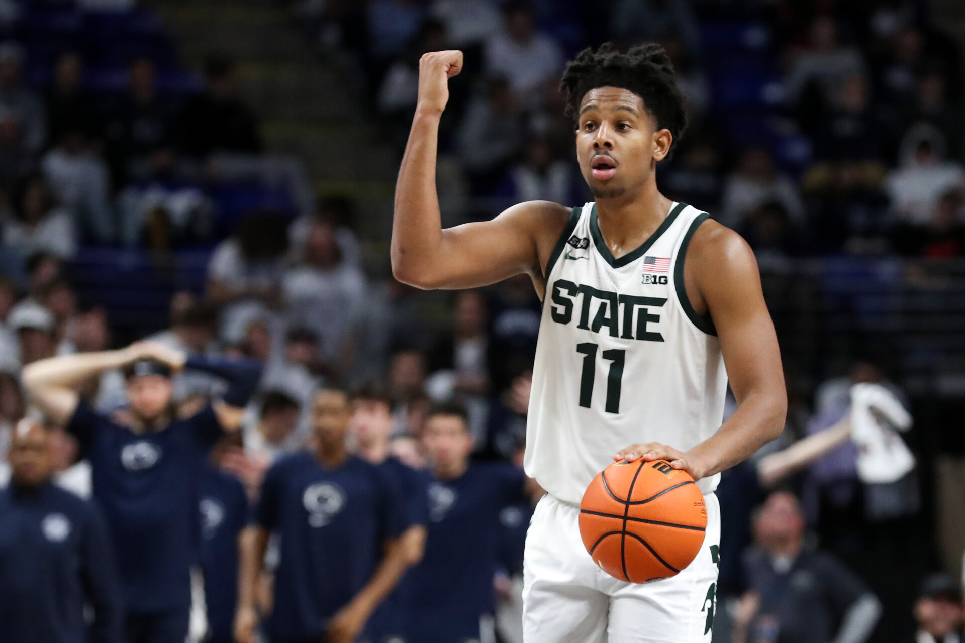 Michigan State Spartans guard AJ Hoggard (11) gestures from mid court during the second half against the Penn State Nittany Lions at Bryce Jordan Center. Michigan State defeated Penn State 67-58.