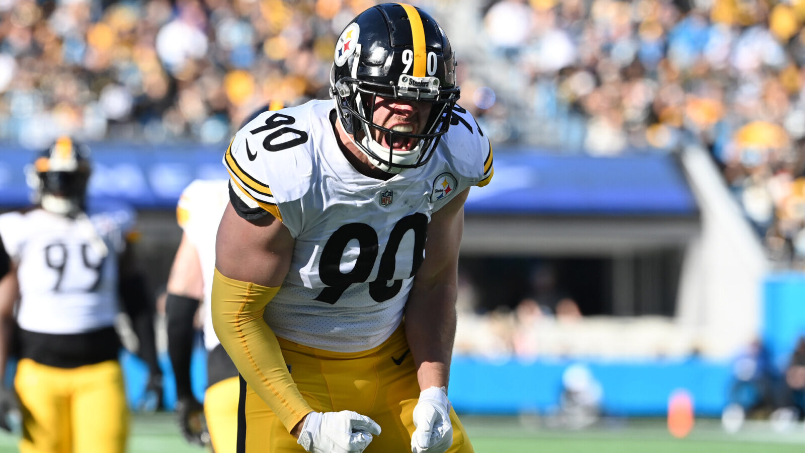 Pittsburgh Steelers linebacker T.J. Watt (90) reacts after a sack in the second quarter at Bank of America Stadium.