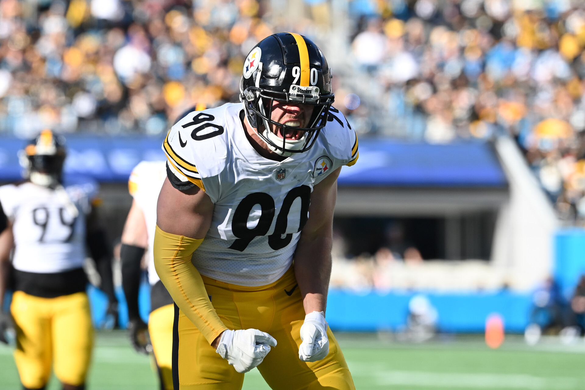 Pittsburgh Steelers linebacker T.J. Watt (90) reacts after a sack in the second quarter at Bank of America Stadium.