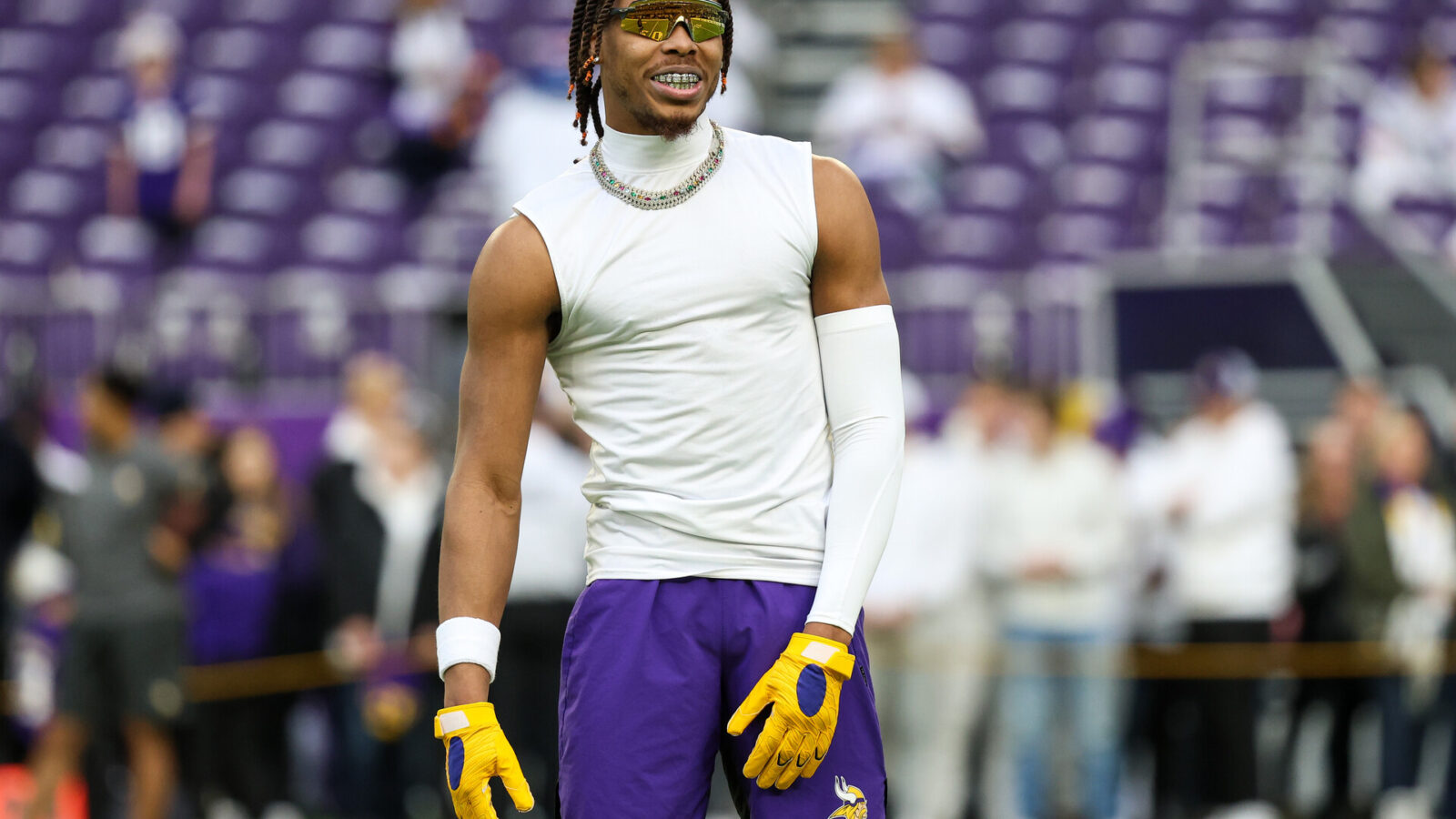 Minnesota Vikings wide receiver Justin Jefferson (18) looks on before the game against the New York Giants at U.S. Bank Stadium.