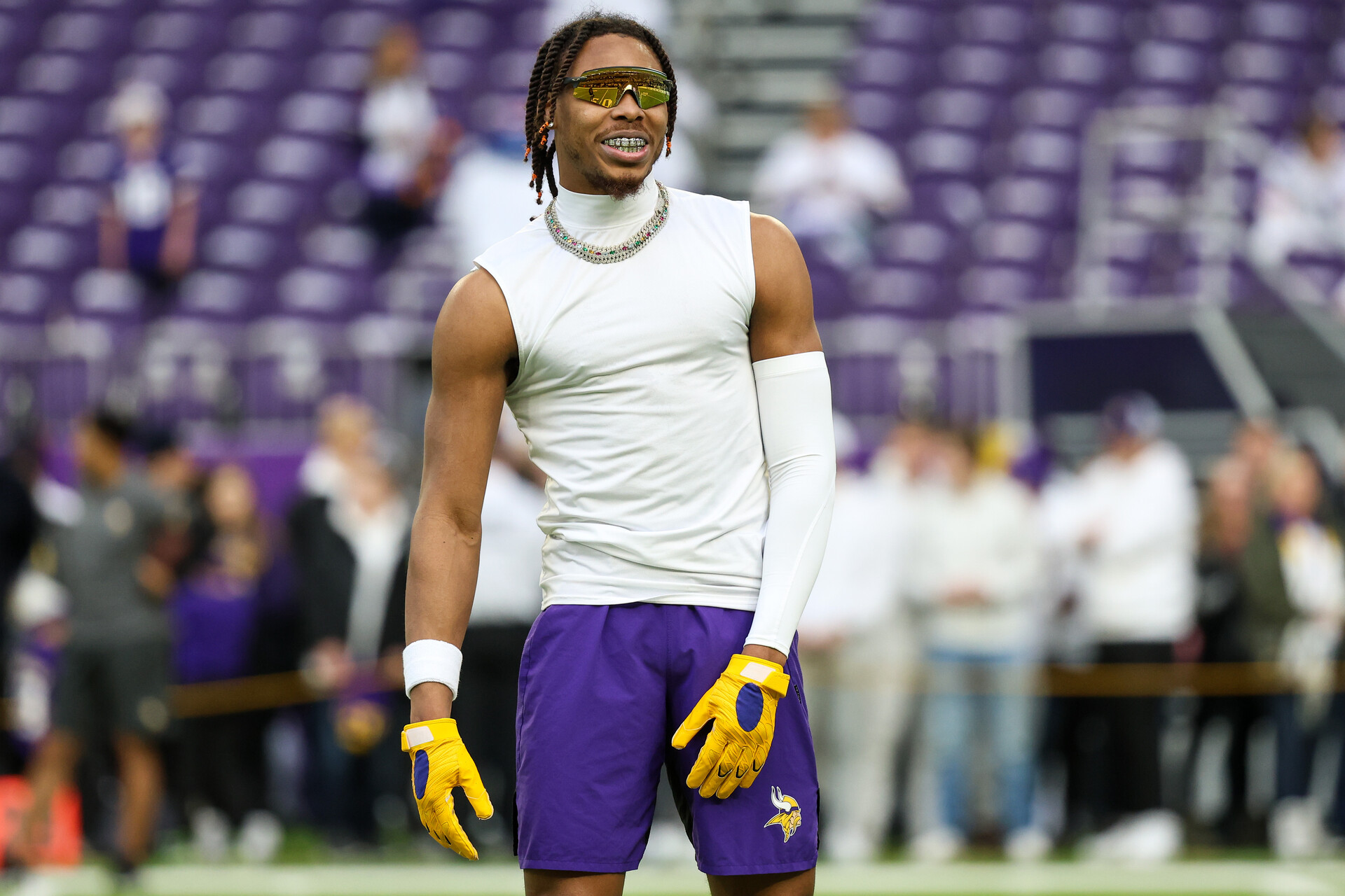 Minnesota Vikings wide receiver Justin Jefferson (18) looks on before the game against the New York Giants at U.S. Bank Stadium.