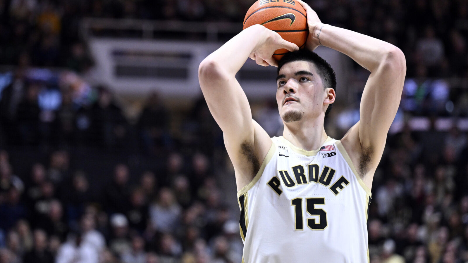 Purdue Boilermakers center Zach Edey (15) shoots a free throw during the second half against the Florida A&M Rattlers at Mackey Arena.