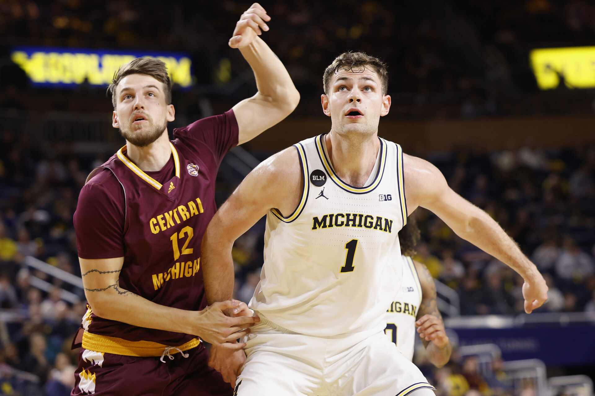 Central Michigan Chippewas forward Miroslav Stafl (12) and Michigan Wolverines center Hunter Dickinson (1) look for the rebound in the second half at Crisler Center.