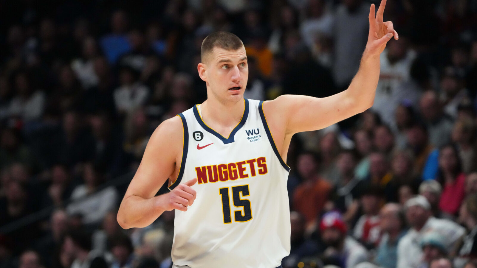 Denver Nuggets center Nikola Jokic (15) calls out in the first quarter against the Miami Heat at Ball Arena.