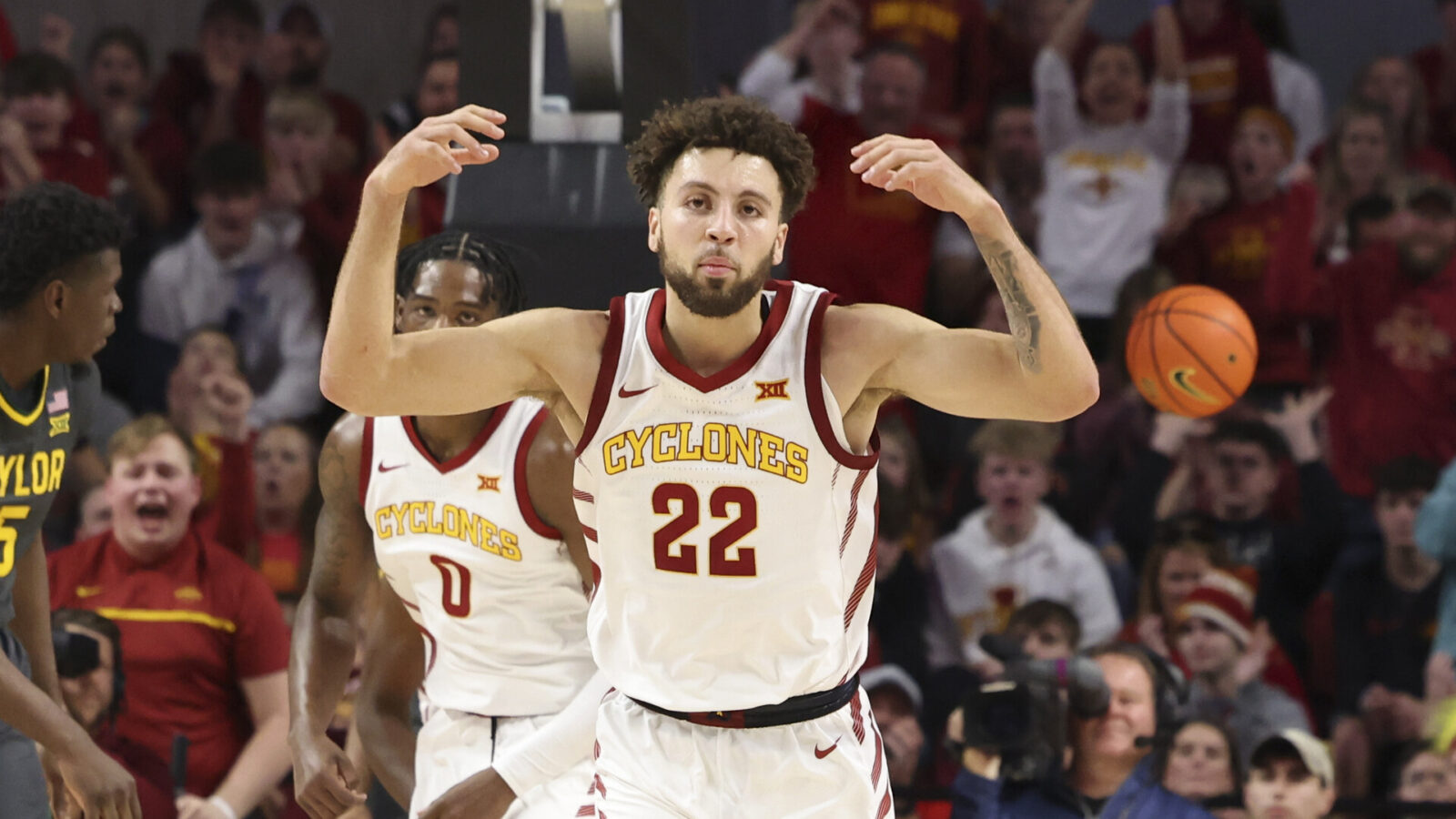 Dec 31, 2022; Ames, Iowa, USA; Iowa State Cyclones guard Gabe Kalscheur (22) celebrates during their game with the Baylor Bear at James H. Hilton Coliseum. The Cyclones beat the Bears 77 to 62.