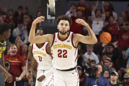Dec 31, 2022; Ames, Iowa, USA; Iowa State Cyclones guard Gabe Kalscheur (22) celebrates during their game with the Baylor Bear at James H. Hilton Coliseum. The Cyclones beat the Bears 77 to 62.