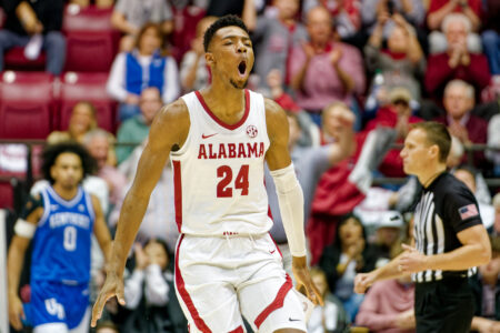 Alabama Crimson Tide forward Brandon Miller (24) reacts a after a play against the Kentucky Wildcats during first half at Coleman Coliseum.