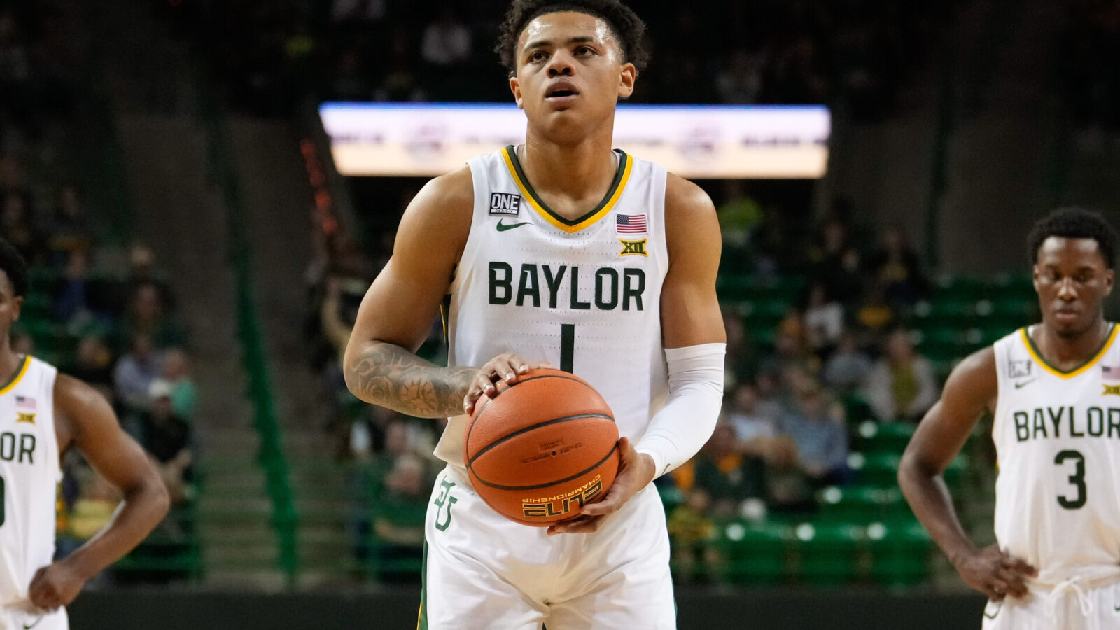 Baylor Bears guard Keyonte George (1) shoots a free throw against the Kansas State Wildcats during the first half at Ferrell Center.