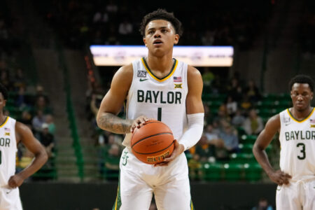 Baylor Bears guard Keyonte George (1) shoots a free throw against the Kansas State Wildcats during the first half at Ferrell Center.