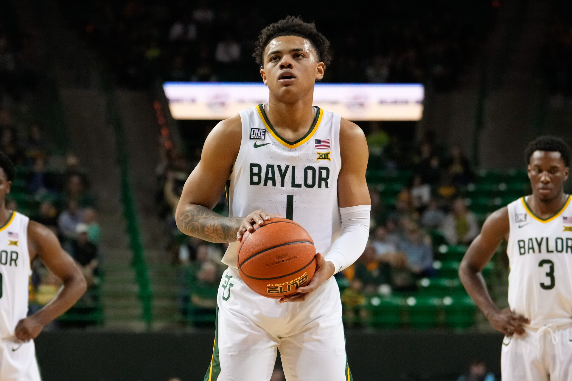 Baylor Bears guard Keyonte George (1) shoots a free throw against the Kansas State Wildcats during the first half at Ferrell Center.