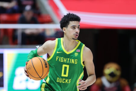 Oregon Ducks guard Will Richardson (0) brings the ball up the court against the Utah Utes in the first half at Jon M. Huntsman Center.