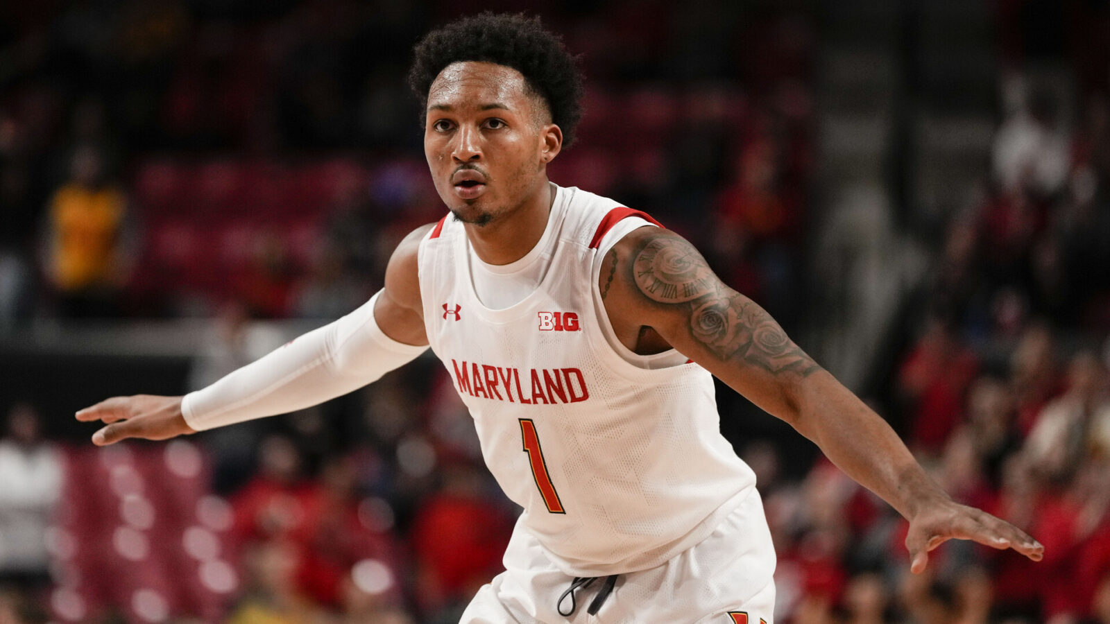 Maryland Terrapins guard Jahmir Young (1) plays defense in the second half in a game against the Ohio State Buckeyes at Xfinity Center.