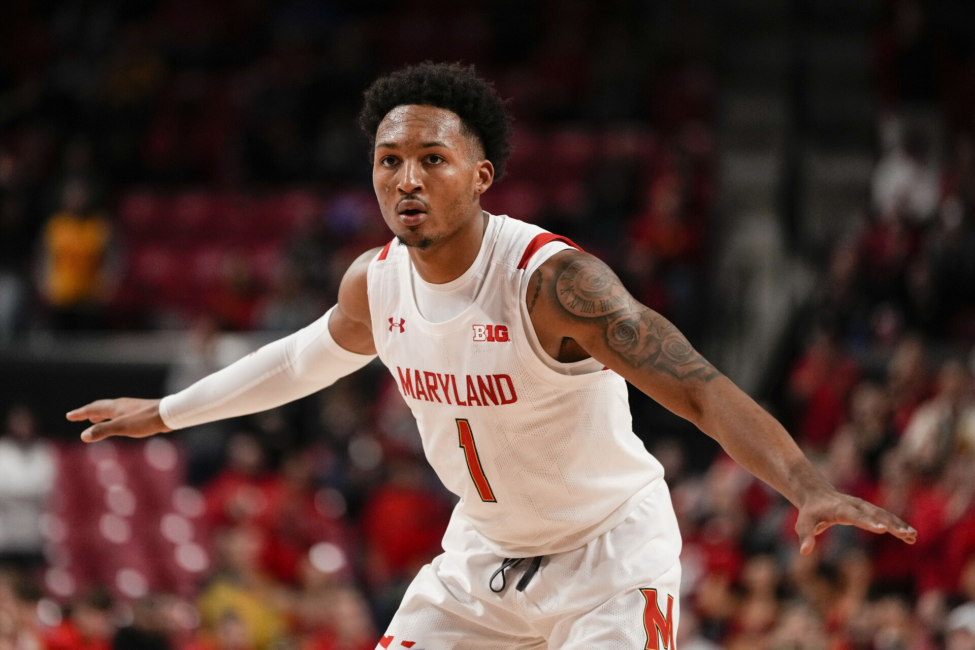 Maryland Terrapins guard Jahmir Young (1) plays defense in the second half in a game against the Ohio State Buckeyes at Xfinity Center.